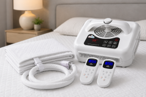 Perfect Sleep Pad water cooling system with mattress pad, control unit, and remote controls